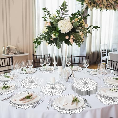 Miniatura 6 de OBUSATT 50 manteles individuales desechables de papel redondos metálicos plateados redondos con diseño floral para mesa, tapete de mesa de papel