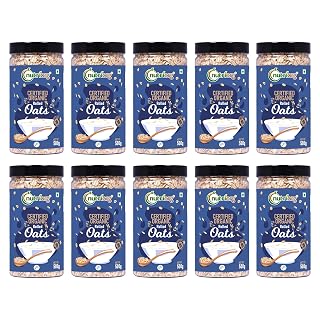 Nutriorg 100% Organic Rolled Oats 5000gm | Pack of 10 | Gluten Free | High protein | Weight loss | Fibre Rich | Easy to Cook | Overnight Oats | Nutritional Breakfast Cereal Oats | Air Tight Plastic Jars