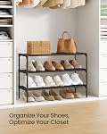 SONGMICS 3-Tier Shoe Rack for Closet, Compact Metal Shoe Organizer Shelf for Entryway, Bedroom, Small Spaces, Stackable, 11.8 x 24.5 x 19.1 Inches, Black ULSA123BH01