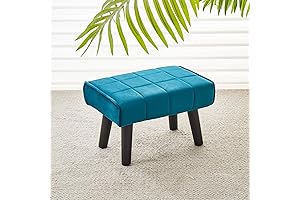 Modern Teal Velvet Foot Stool Ottoman with Solid Wood Legs