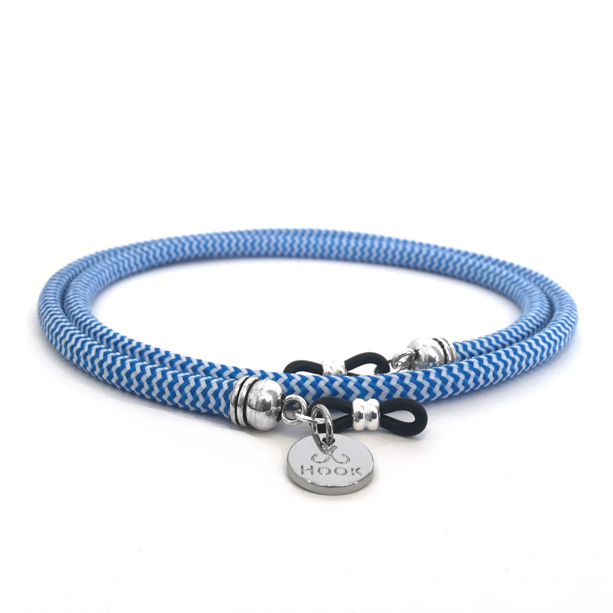HOOK Cordón Cuelga Gafas Para Hombre o Mujer - Cordón Para Gafas de Sol o De Ver - Cuerda de Montaña Azul y Blanca - 60 cm largo 5 mm ancho - Gomas Universales - Mulhacén