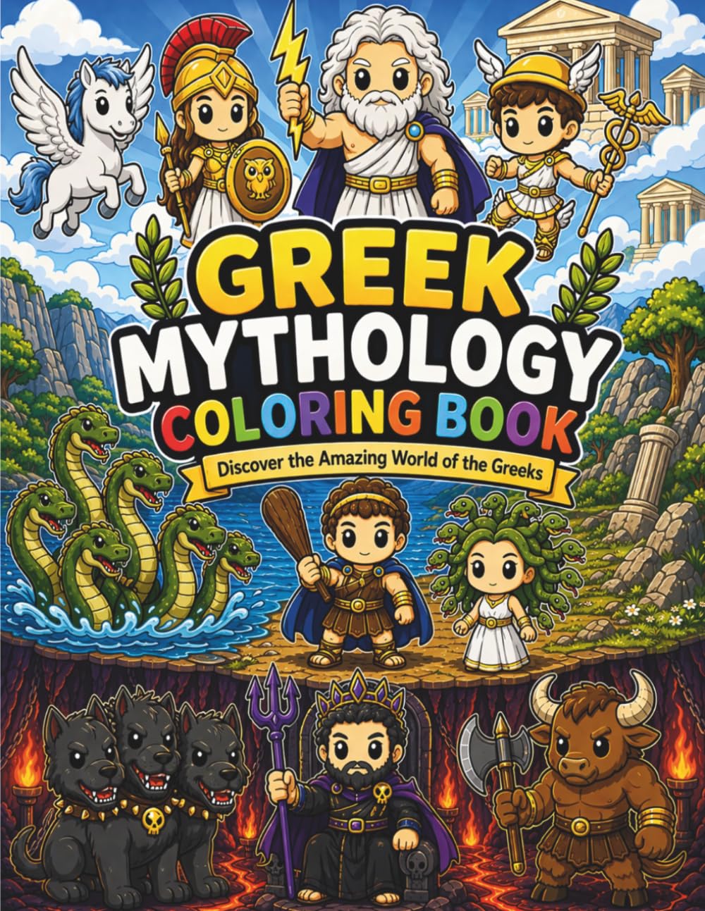 Greek Mythology Coloring Book for Kids Ages 4–8: Discover 36 Amazing Gods, Heroes, Creatures & Legendary Weapons