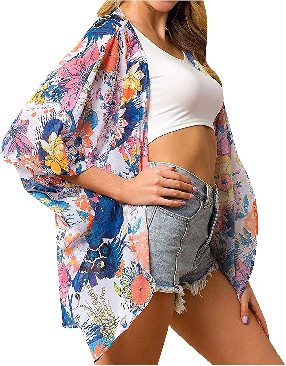 RLEHJN Cardigan Femme Mousseline Manches Longues - Gilet Léger Imprimé Vintage Chic Printemps Été