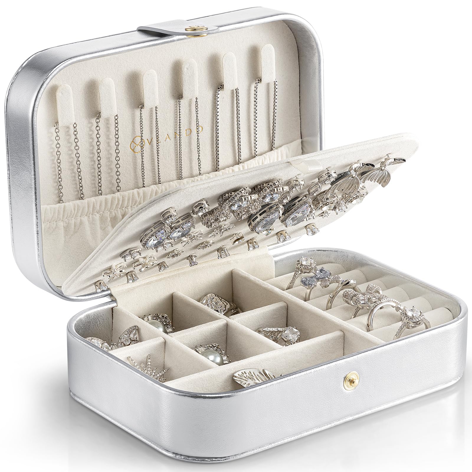 Vlando Travel Jewelry Case for Women Girls Mothers, PU Leather Portable Small Jewelry Box for Rings, Necklaces, Bracelets, Earring Holder Organizer Storage for Travel, Bridesmaid Gifts - Silver