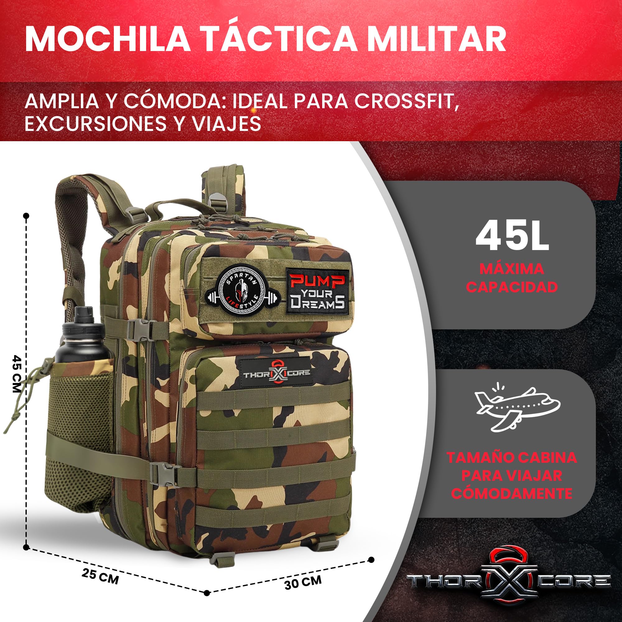 Mochila Crossfit - Mochila táctica 45L militar Impermeable, Compartimentos Organizados, para Gimnasio y Viajes - Duradera y Versátil personalizable con parches incluidos