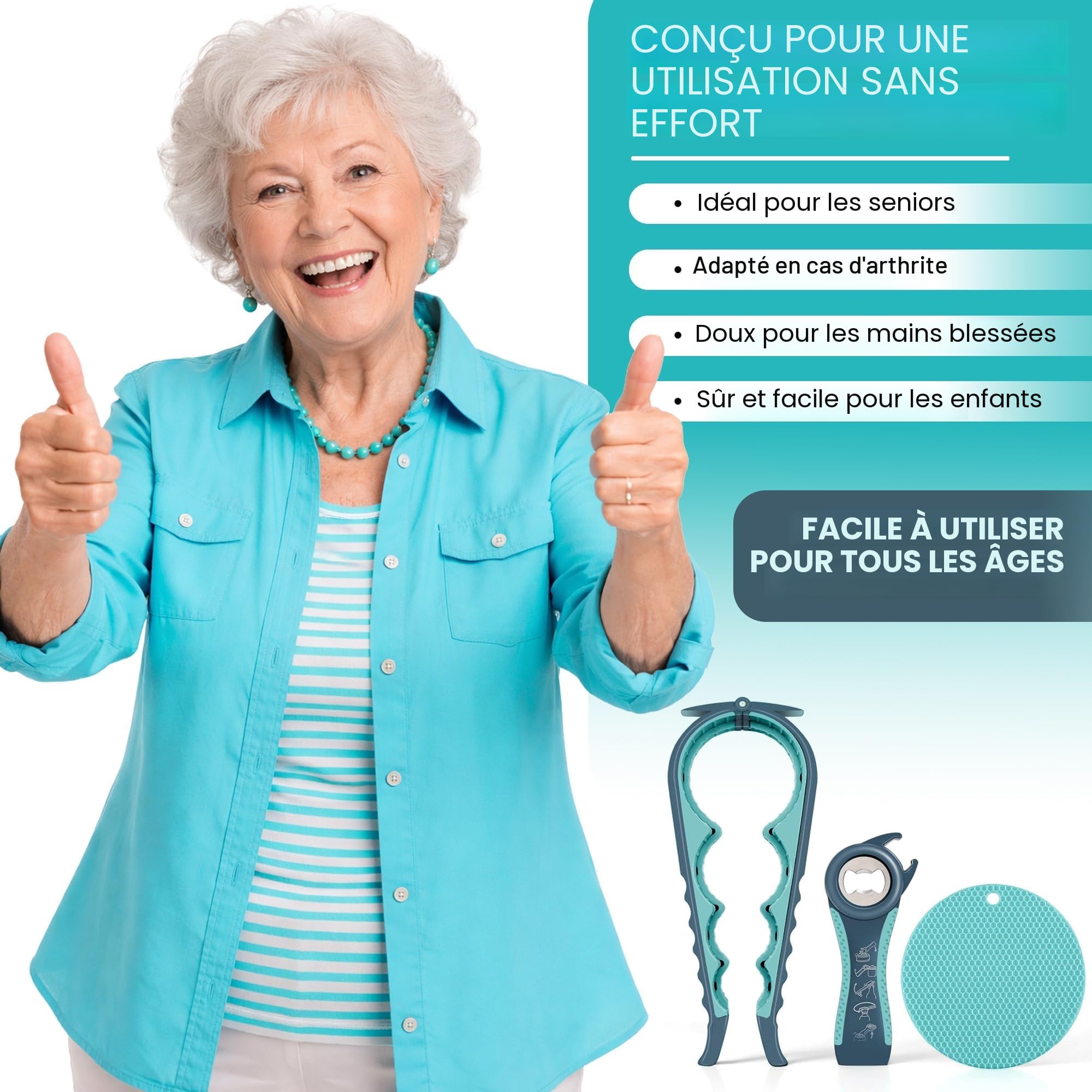 Ouvre-bocal multifonction 5 en 1 avec caoutchouc antidérapant pour mains faibles et arthritiques