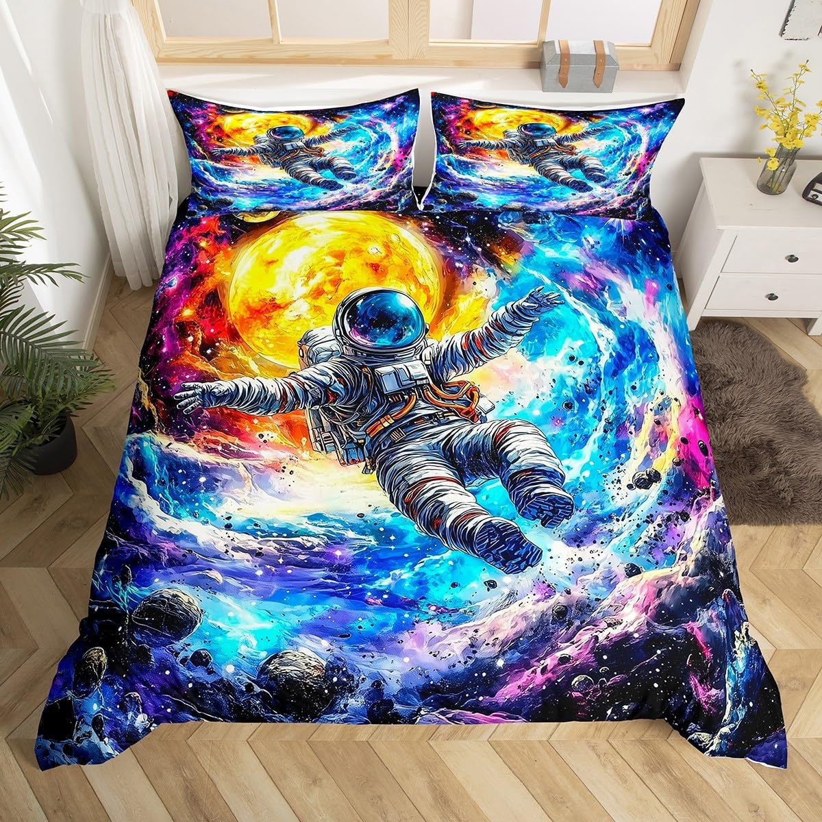jejeloiu Astronaut Bedding Set 2Pcs Toddler Size Kids Galaxy Comforter Cover for Boys Girls Outer Space Duvet Cover Soft Lightweight,Microfiber,No Stuffing