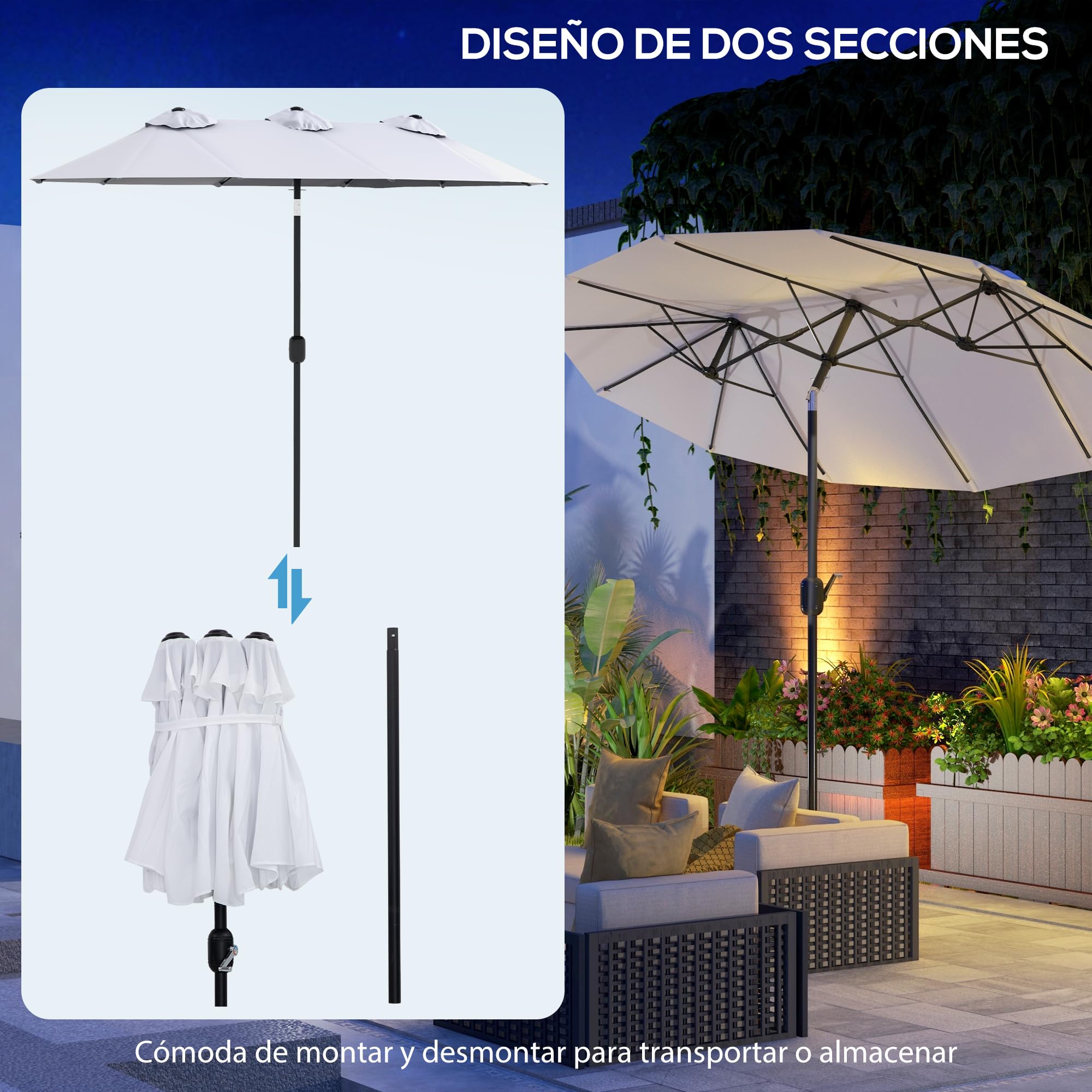 Outsunny Sombrilla Doble 2,95x1,52m Inclinación 45° Manivela Crema | Sombrilla Terraza Exterior, Manivela Manual, Ventilación, Impermeable, Parasol Jardín Piscina