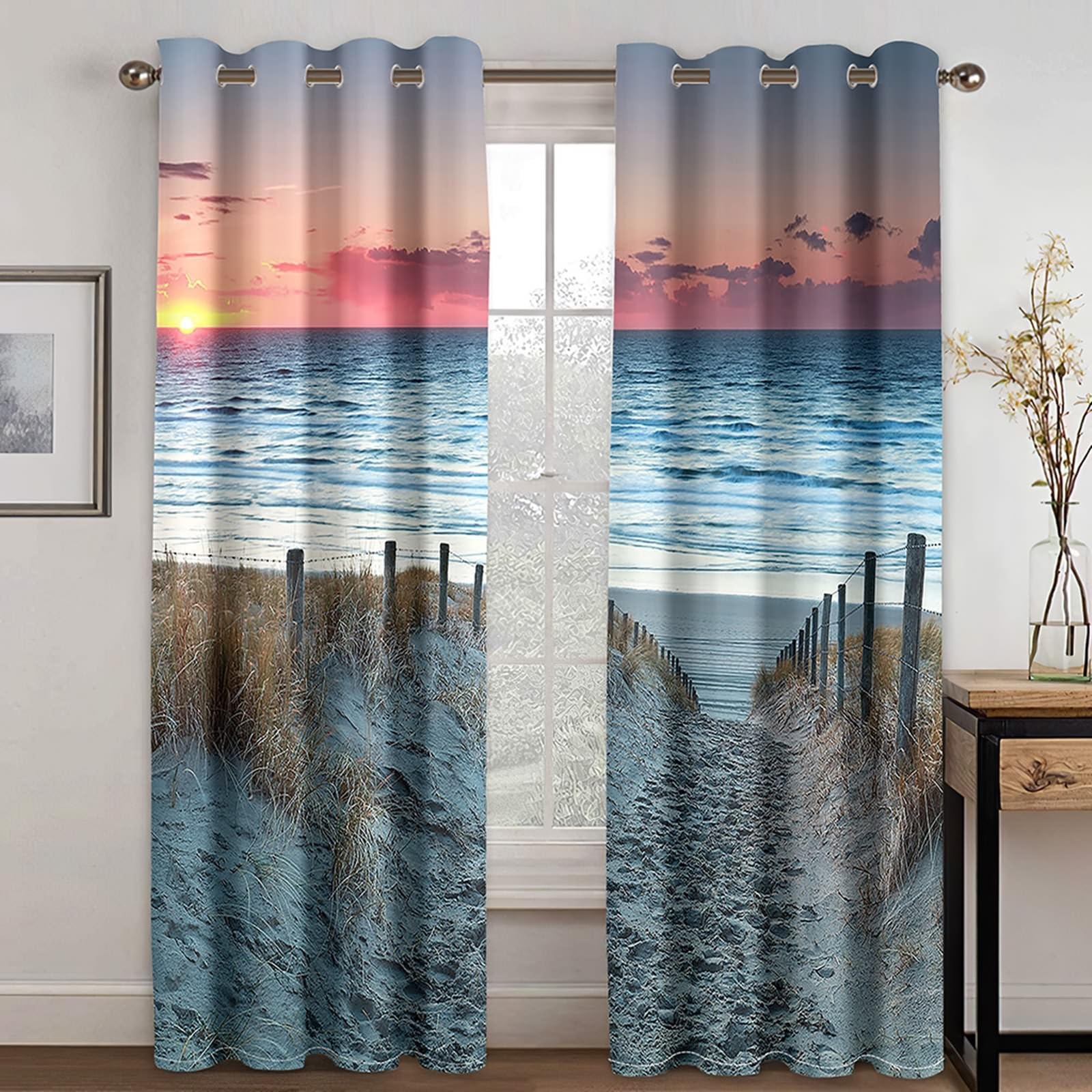 Vorhänge Verdunklung 115 cm Lang, Verdunkelung Gardinen mit Ösen 2er Set Grau Orange Sonnenuntergang Meer und Strand Weg Landschaft Vorhang für Schlafzimmer Wohnzimmer, 86x115 cm(BxH)
