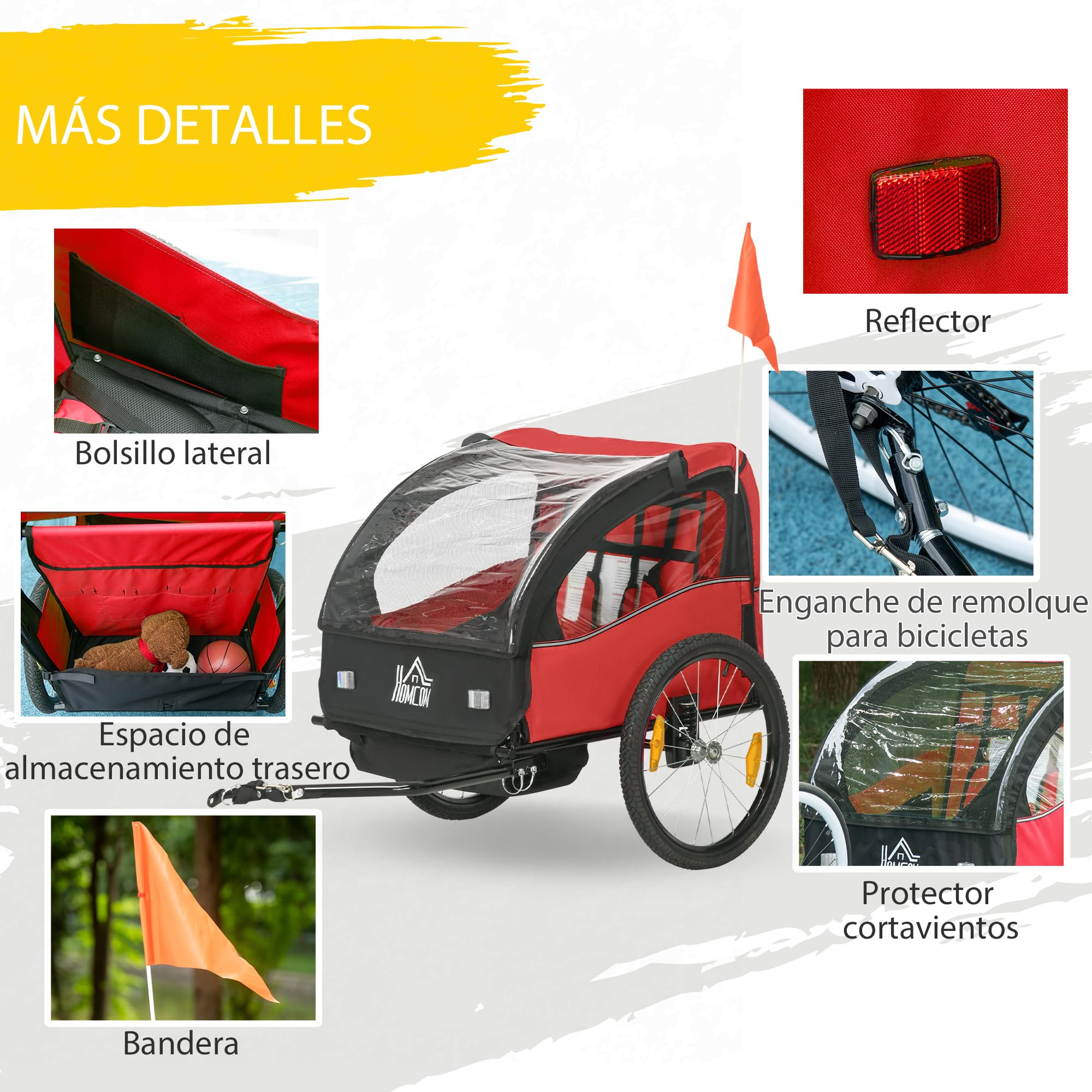 HOMCOM Remolque de Bicicleta para Niños +18 Meses Cochecito para Transporte de 2 Plazas con Cinturón de Seguridad Espacio de Almacenamiento y Sistema de Amortiguador 140x88x90 cm