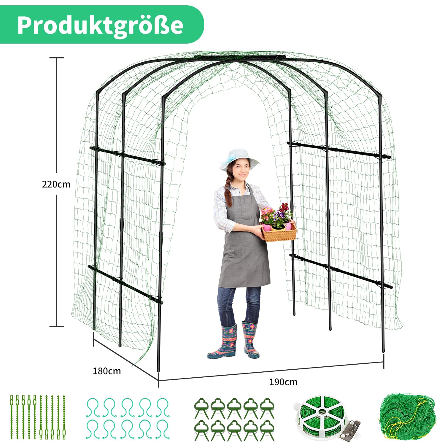 SUNYRISY Große Gurken Rankhilfe, Gartenbogen für Kletterpflanzen Rankhilfen, 220cm Hoher PE Beschichtete Metall Rankgitter mit Ranknetz, Rankbogen Rankgitter für Gurke, Blumen, Erbsen