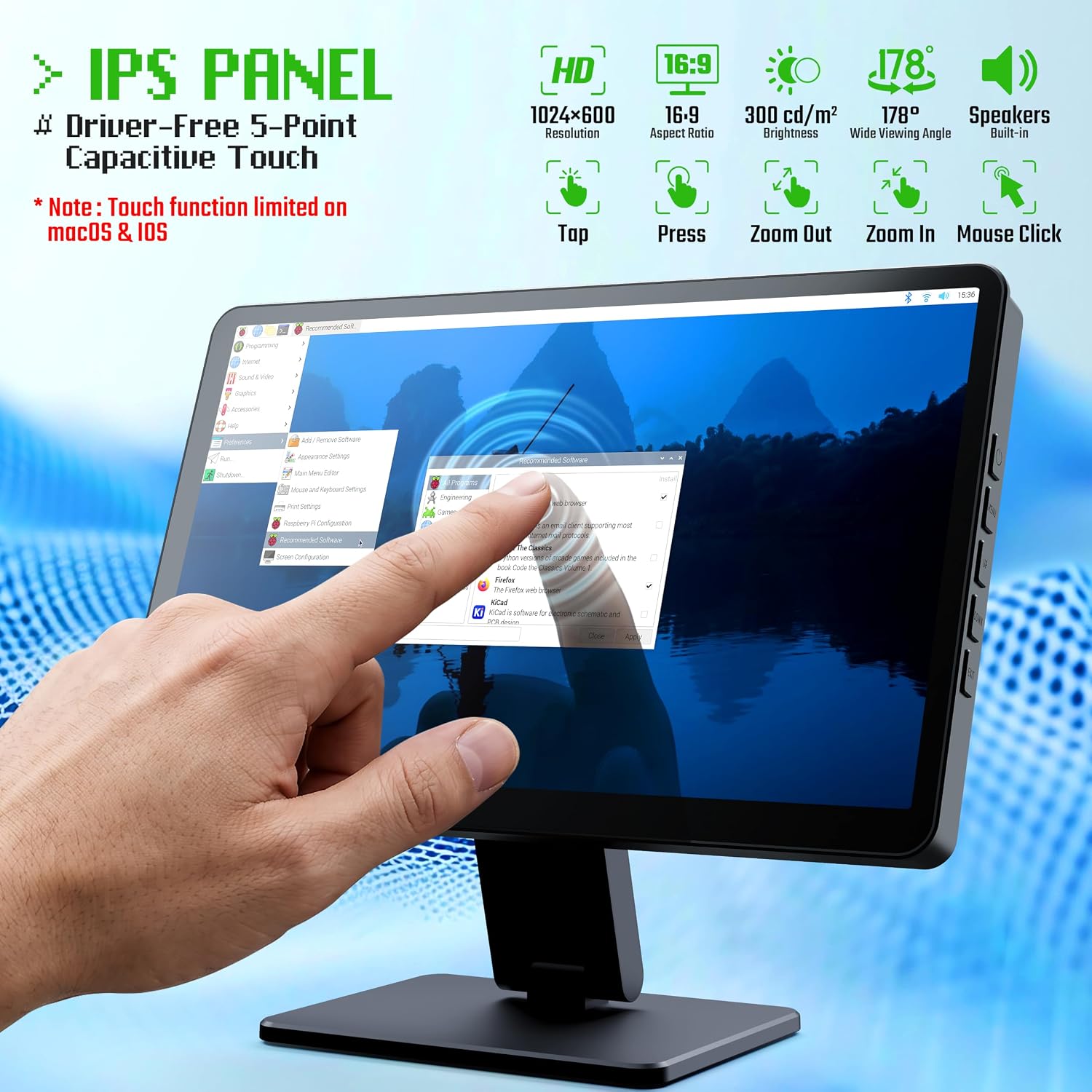 10.1-inch Small Monitor with Touchscreen for Raspberry Pi, Portable Mini Computer Monitor, 5-Points Capacitive Touch 1024 x 600 IPS LCD HDMI Display for Mac mini PC Gaming Console