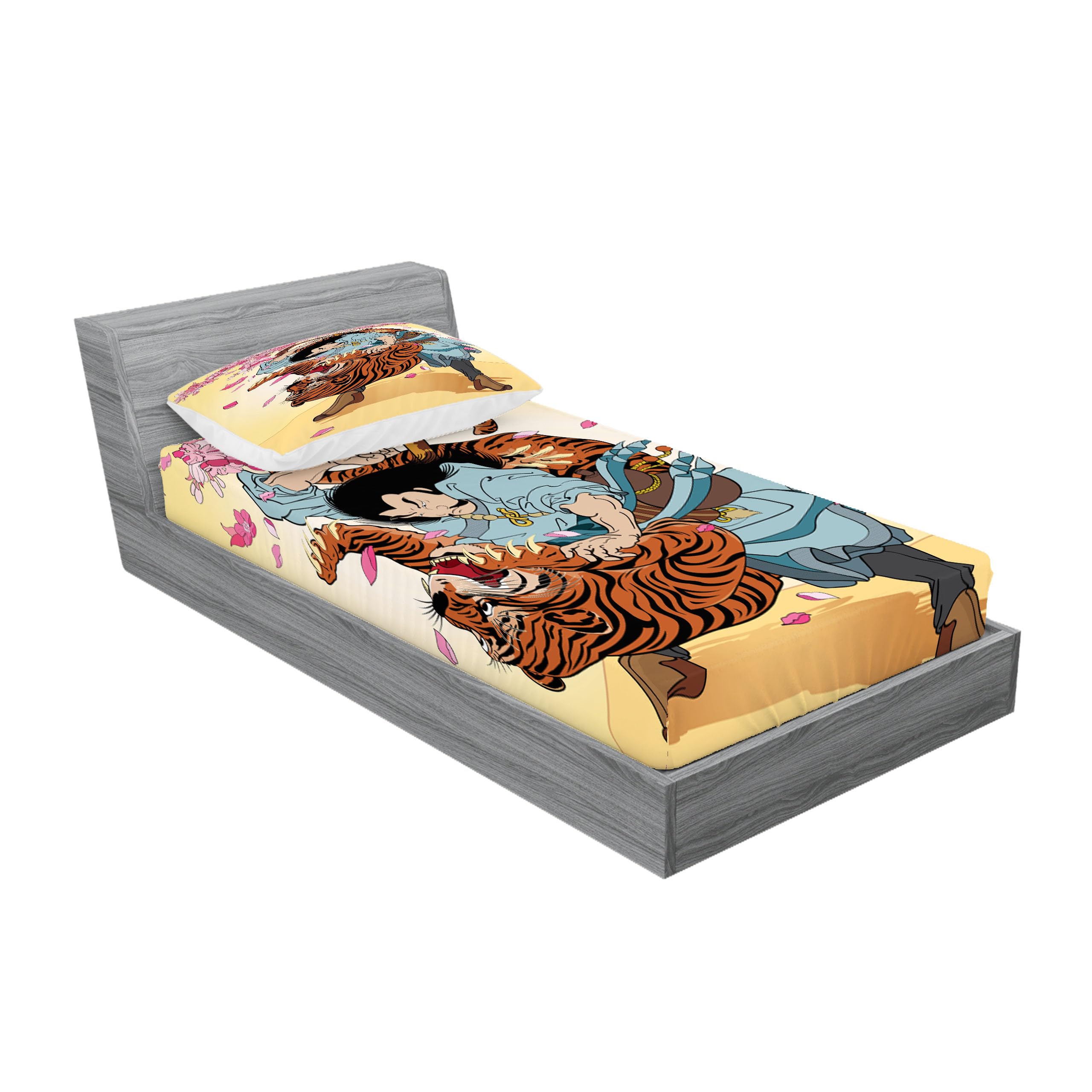 Ambesonne Japanese Fitted Sheet & Pillow Sham Set, Brave Samurai Tiger Clash Turn into Floral Sakura Cherry Blossoms Cartoon, Decorativeed 2 Piece Bedding Decor Set, Twinxl, Pink Orange Cream