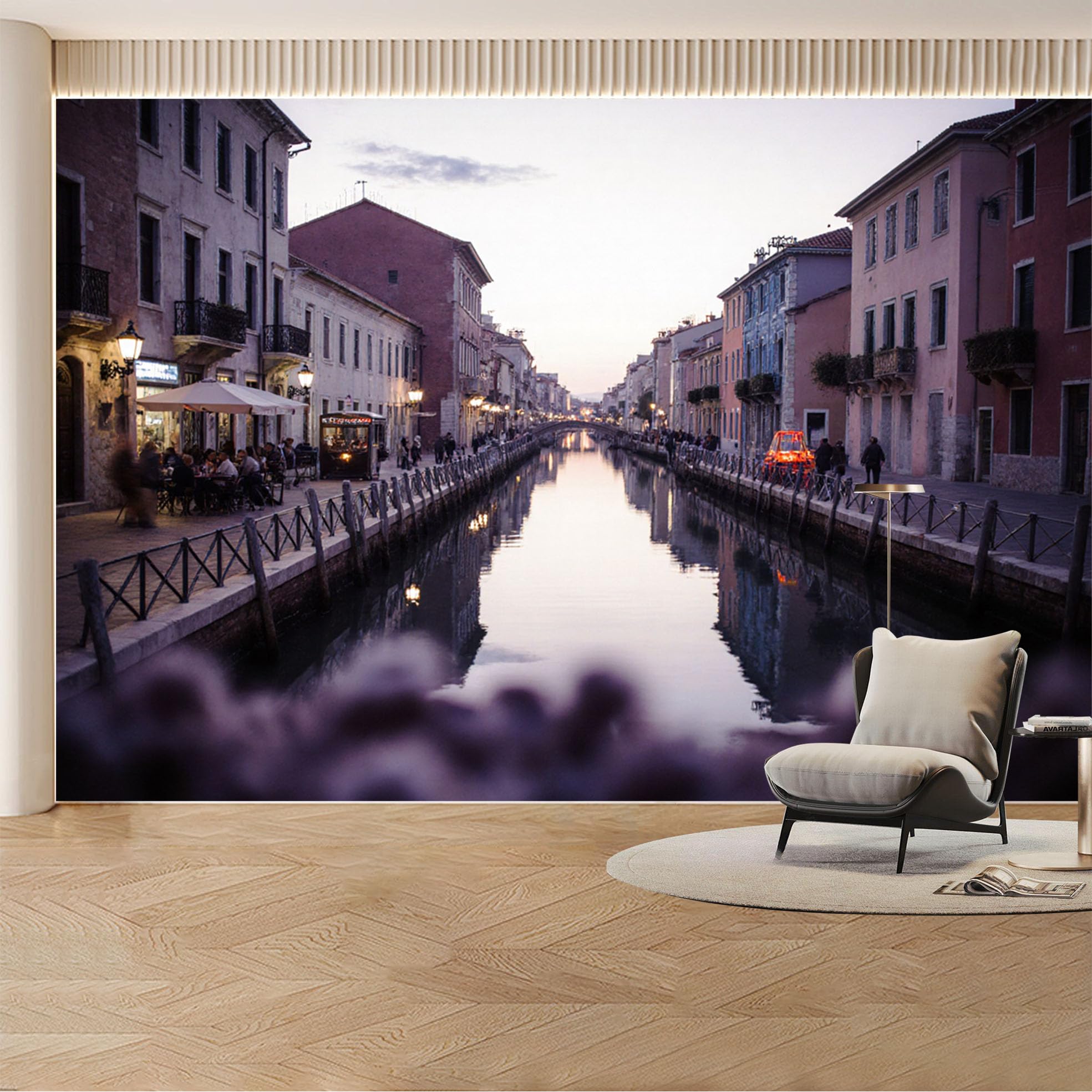 Custom Wall Mural Wallpaper Canal Cityscape Landscape Urban Wall Decor Large Wall Art Vintage Sunset Misty Removable SelfAdhesive Large Photo for Living Room， Bedroom， Office
