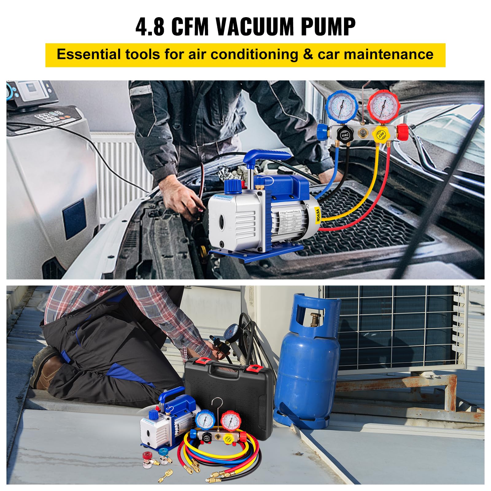 VEVOR 4.8CFM 1/3 HP Vakuumpumpe Klimaanlage Unterdruckpumpe Ansaugpumpe Einstufig für HVAC A/C Kühlsysteme, 5PA ultimatives Vakuum, Manometer Kit inklusive 4-Wege Manometer & Schlauch