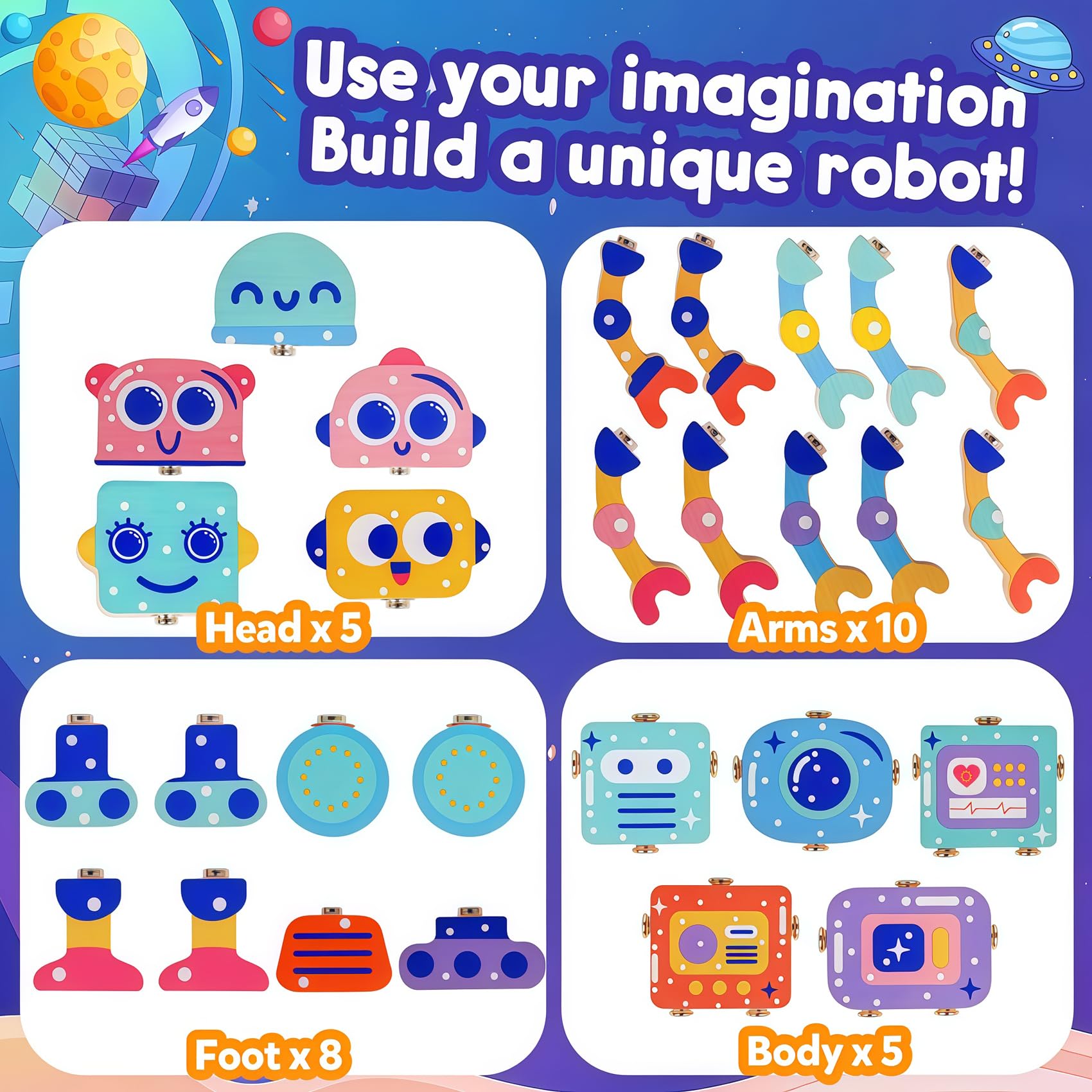 Juguetes robot para niños de 3 a 5 años, juguete de aprendizaje de madera Montessori con características desmontables robots, juego educativo STEM juegos de motricidad fina para niños y niñas 2