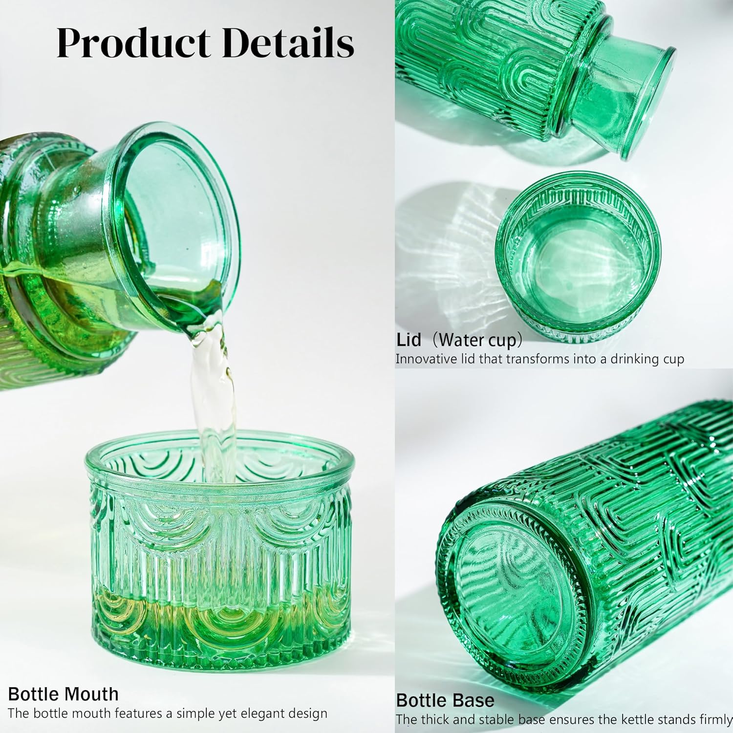 Kanpura Green Bedside Water Carafe Set with Tumbler Glass Carafe for Bedroom, Mouthwash Dispense for Bathroom, Night Stand Water Glass with Cup for Nightstand (28.5 oz /850 ml) - Image 5