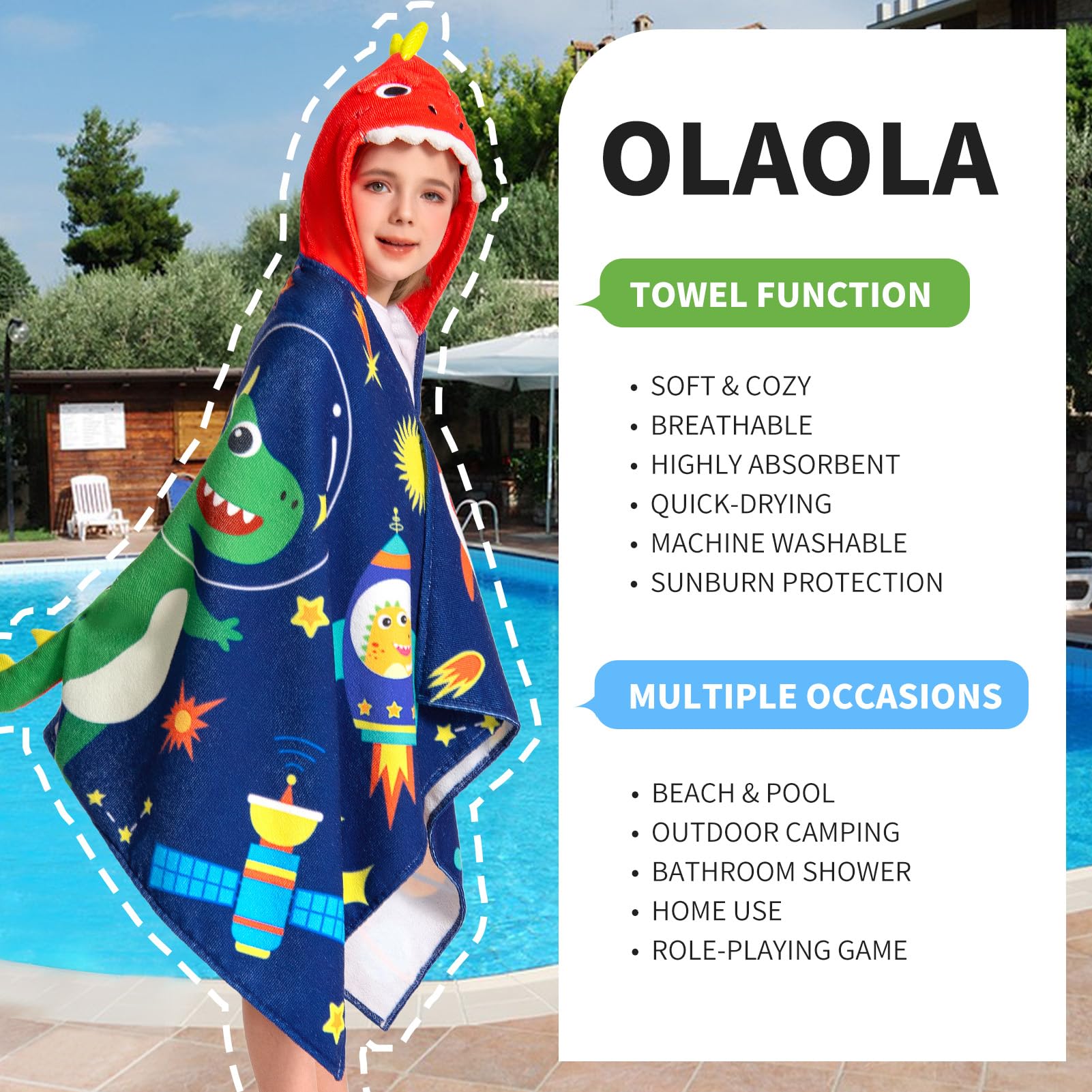 OLAOLA Kids Hooded Bath Towels, Soft Absorbent Beach Towel Swimming Wrap, Changing Robe Bath Poncho for Boys Girls 3-12 Years - Image 4
