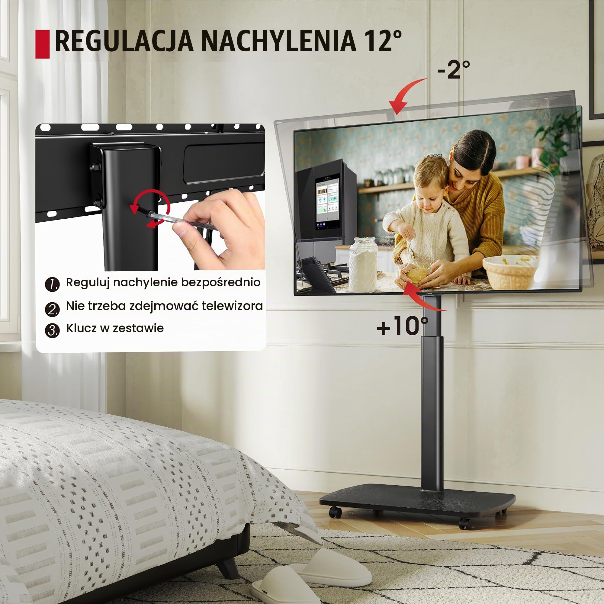 AOKCOS Stojak podłogowy pod telewizor na kółkach z drewnianym regałem, stojak pod telewizor z kółkami 43-75", płaski i zakrzywiony, do 50 kg, regulacja wysokości, wychylny stojak na telewizor, maks