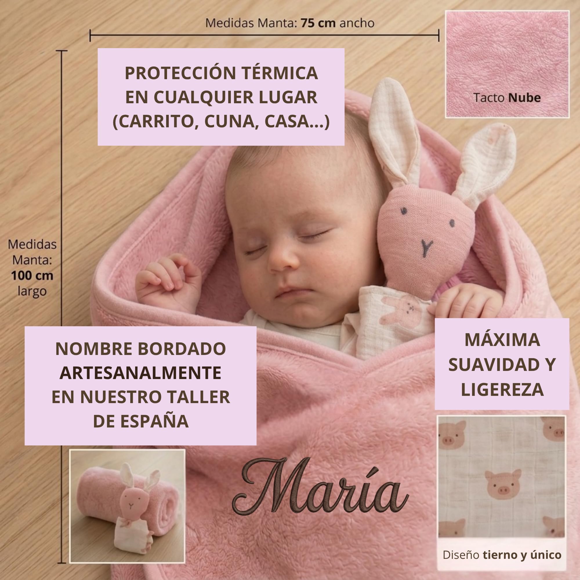 Dalvitas Manta Bebé Personalizada Nombre Bordado + Dou-Dou 100% Algodón - Fina y Ligera para Verano. Regalo Recién Nacido Niño Niña - Manta Suave y Peluche - Regalo Padres y Mamás Primerizas (Rosa) - 2