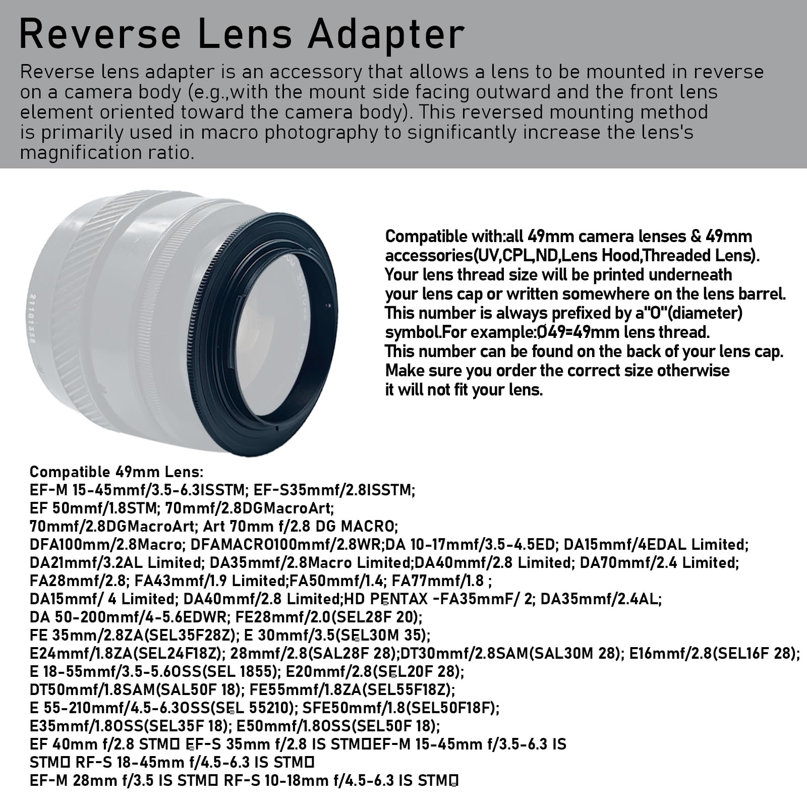 Anello di inversione obiettivo macro da 49 mm a EF M compatibile con fotocamera mirrorless EF-M M1 M2 M3 M5 M6 M10 M50 M100, con obiettivo filettatura filtro da 49 mm. Scatto macro