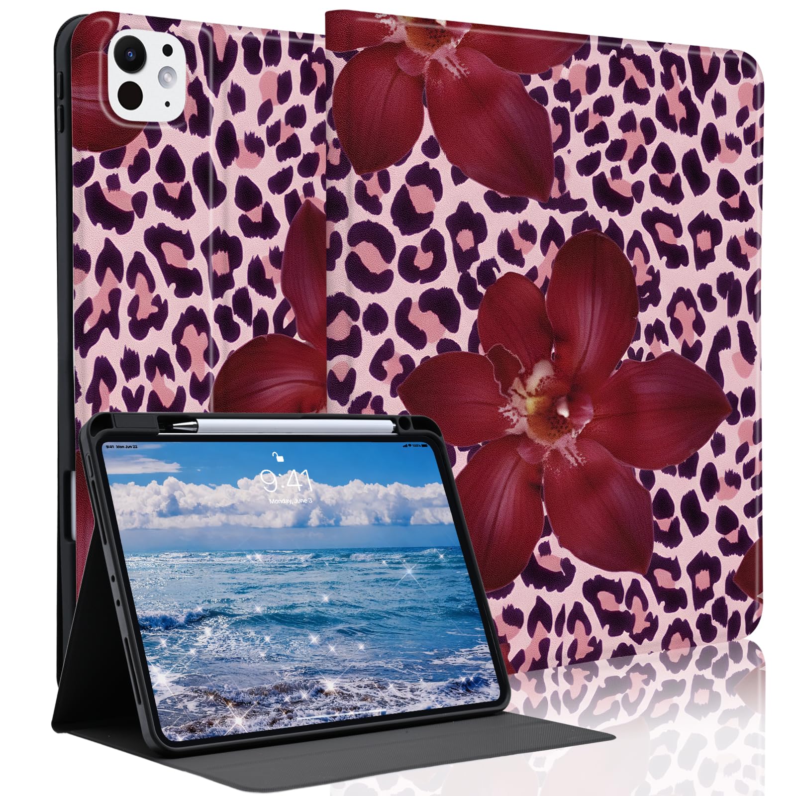 Funda iPad Pro M4 2024 13 pulgadas con soporte lápiz leopardo rosa 8