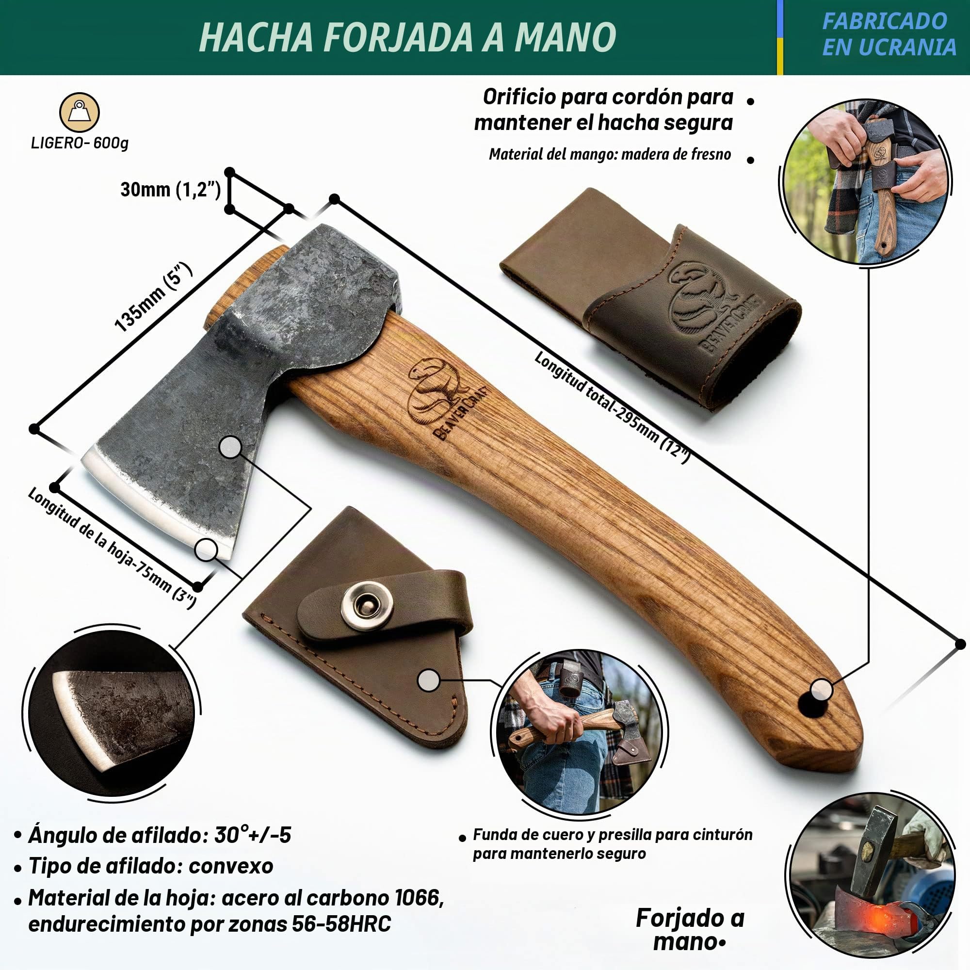 BeaverCraft Hacha de Tallado en Madera AX1 con Funda – Hacha Forjada Bushcraft para Camping – Hacha Pequeña de Bosque para Cortar y Partir – Herramienta de Jardinería con Mango de Madera