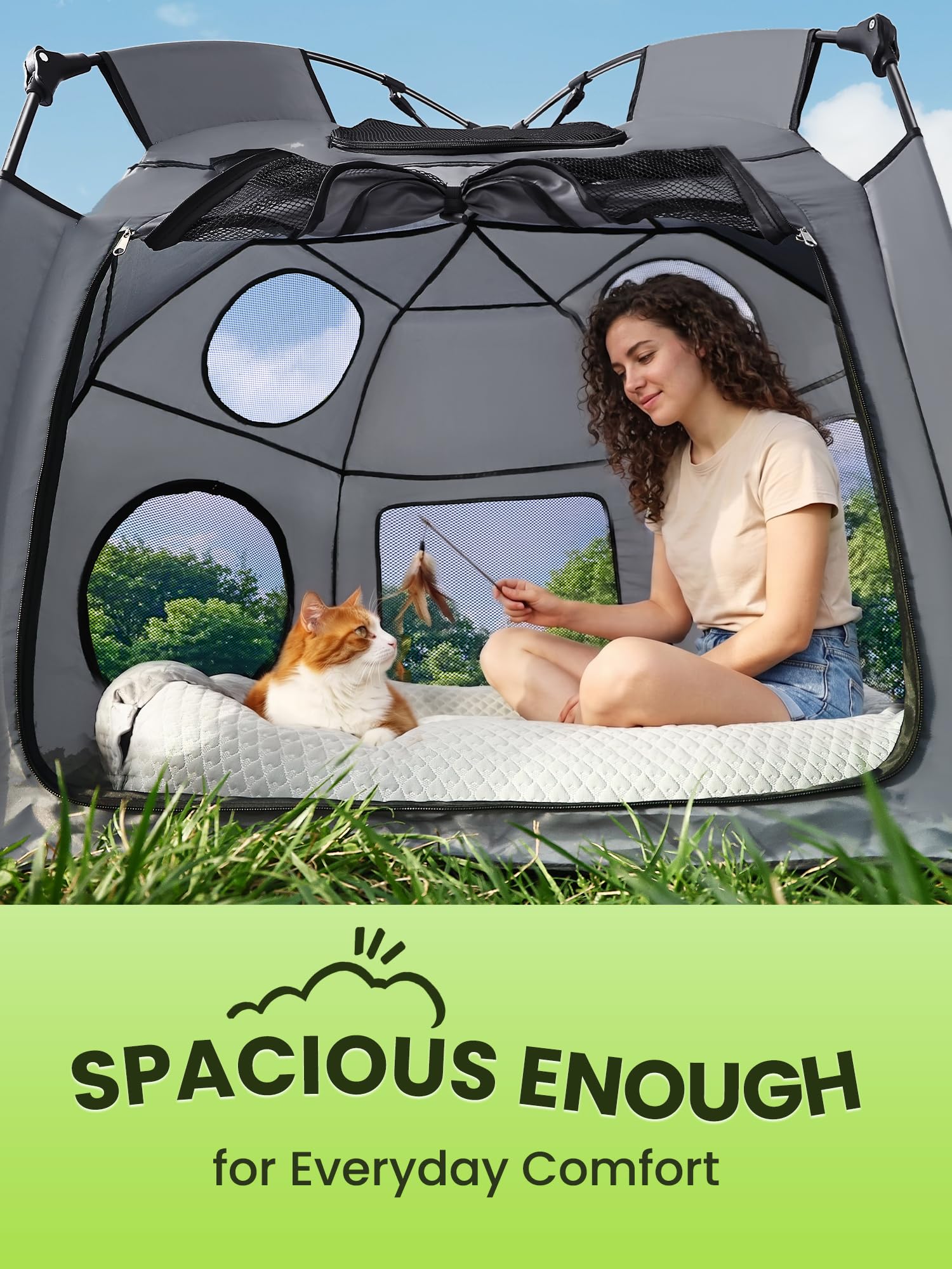 Rywell Extra Großes Katzengehege Outdoor & Indoor – 6-eckiges Katzenhaus mit 1-Sekunden-Aufbau, Faltbar & Tragbar, 360° Belüftung, Abnehmbarer Schatten- und Regenschutz für Katzen
