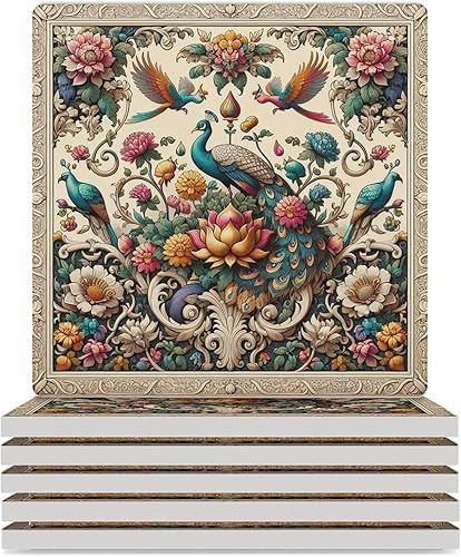 Miniatura 36 de Square-4 posavasos de cerámica de pavo real, posavasos cuadrados absorbentes para bebidas, estilo vintage de acuarela floral, hermosos posavasos