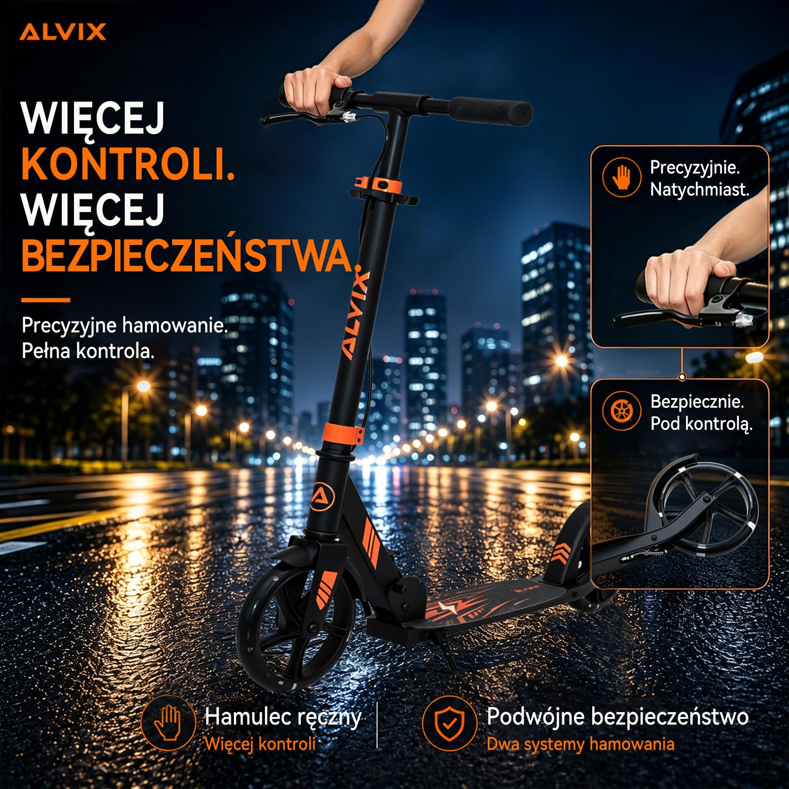 ALVIX Hulajnoga dziecięca z hamulcem ręcznym i kołami LED, regulowana wysokość, kółka 200 mm, składany wałek z paskiem do noszenia, szeroki pokład do 100 kg