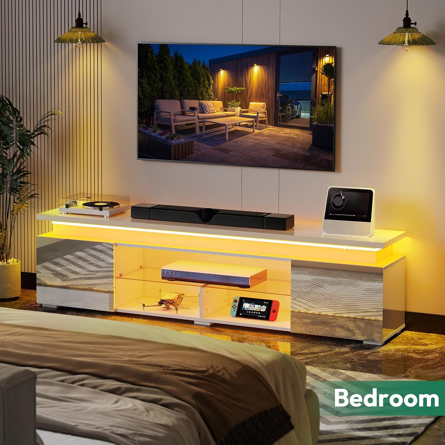 TV-Stand for 85 Inch TV - Led TV Stand with Power Outlet, Modern Entertainment Center with Glass Shelf, High Glossy Gaming TV Media Console for Living Room, Light White - Image 7