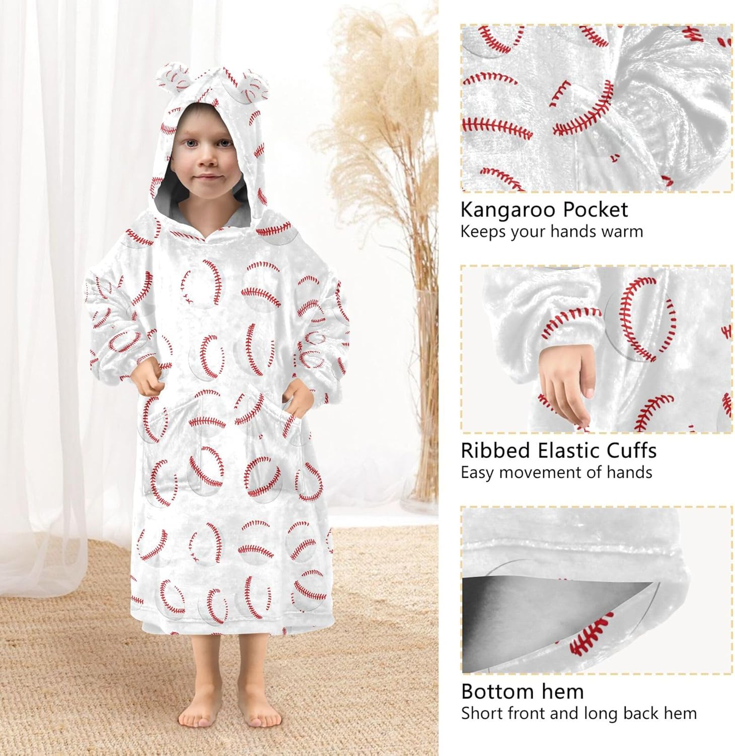 Baseball Kids Wearable Blanket Hoodie with Pocket and Sleeves for Toddlers, Cute Hoodies Girls Boys B0403936