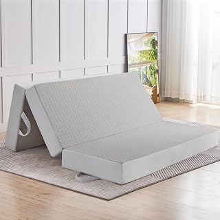 Folding Mattress Queen Size, Memory Foam 6 inch Tri Portable Trifold Mattress Topper Queen with Breathable & Washable Cover, Foldable Guest Bed for Camping, Grey,58"x75"x6"