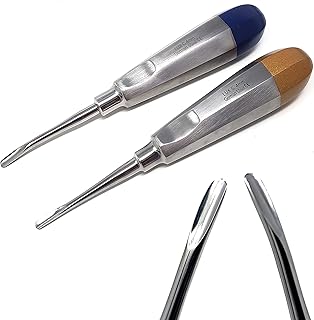 Set of 2 Dental Luxating Elevators Straight & Curved 4mm, Gold & Blue Hollow Handle, Stainless Steel Dental Extraction Surgical Instruments Oral Implant