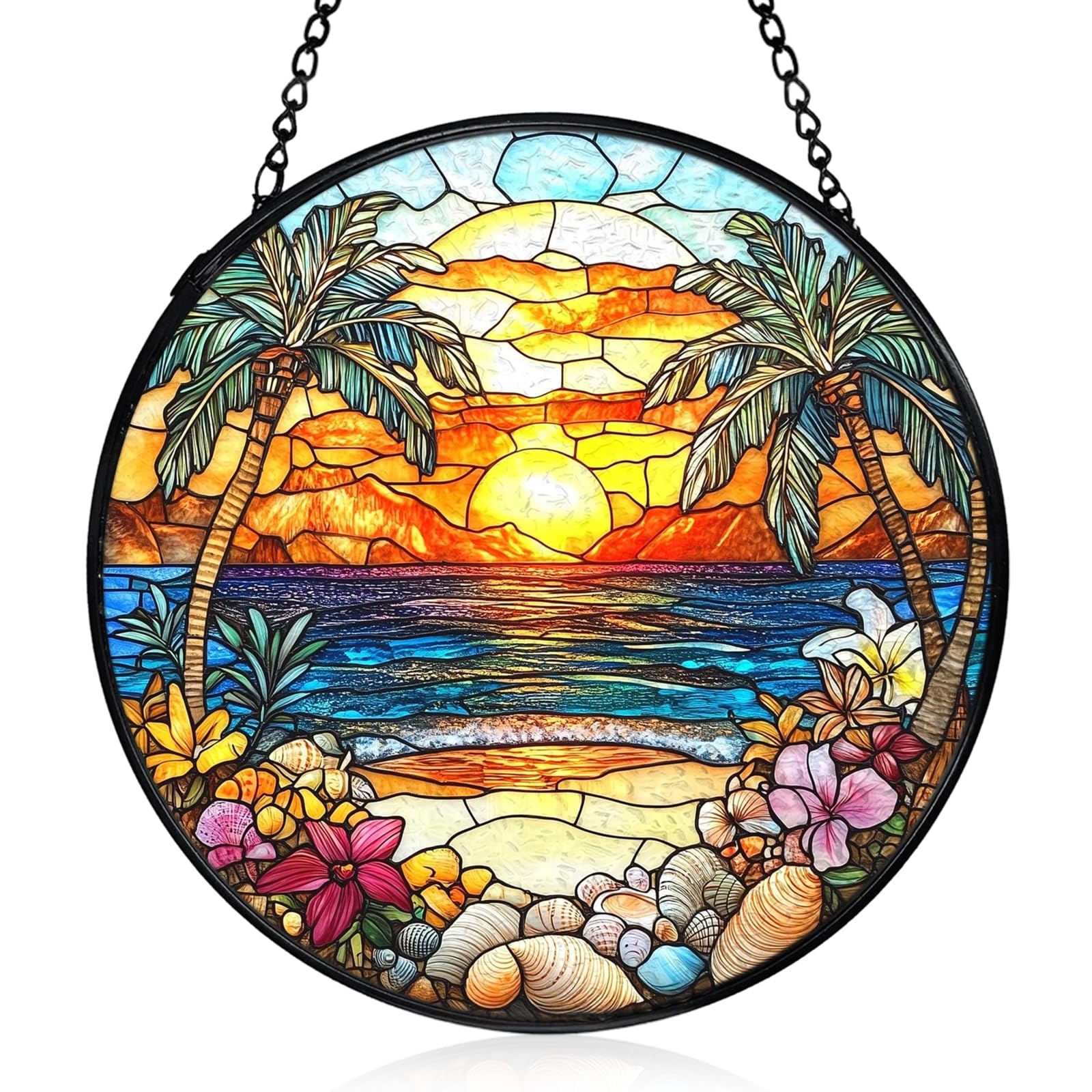 Glass Suncatcher, Tropical Beach Stained Glass Window Hanging 20x20cm, Colourful Sun Catcher for Windows with Metal Chain, Garden Sun Catchers for Home Garden Decor, Window Hanging Sun Catcher Gifts