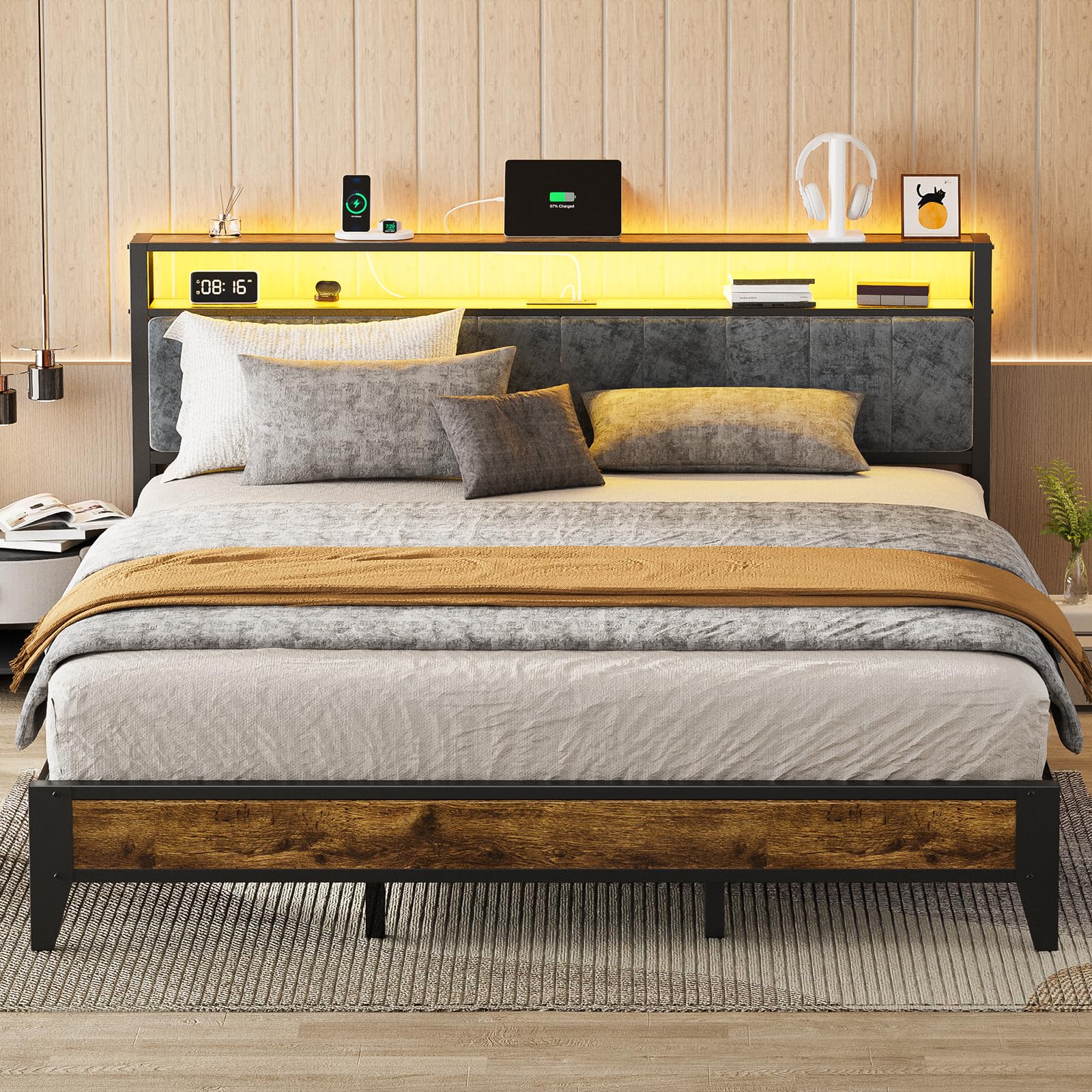 OLEVS King Bed Frame with Headboard, Metal Platform Bed King Size with 2-Tier Storage, LED Light & Charging Station Type C, No Box Spring Needed, Easy