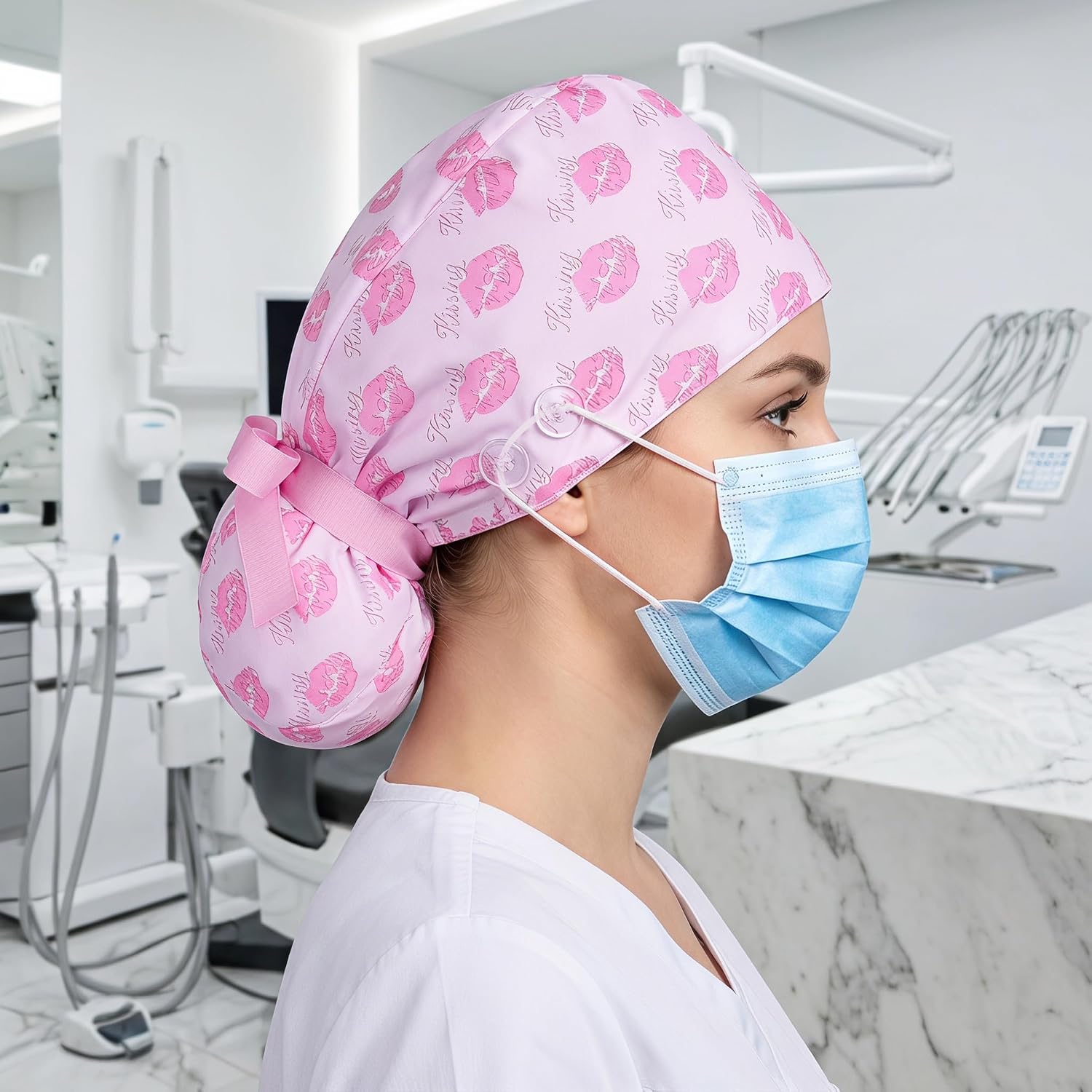 Women's Satin Lined Scrub Cap with Ponytail Holder Pouch, Adjustable Tie Back, Floral Printed Surgical Nurse Cap (Pink)