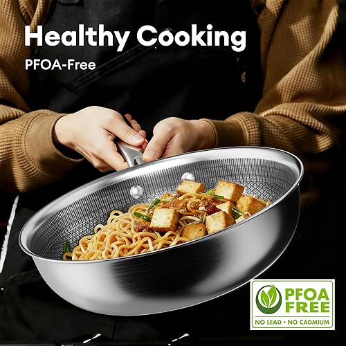 Miniatura 2 de COOKER KING Wok Hybird de 10 pulgadas con tapa, wok antiadherente de grado profesional, woks de acero inoxidable y sartenes para freír, mango que se