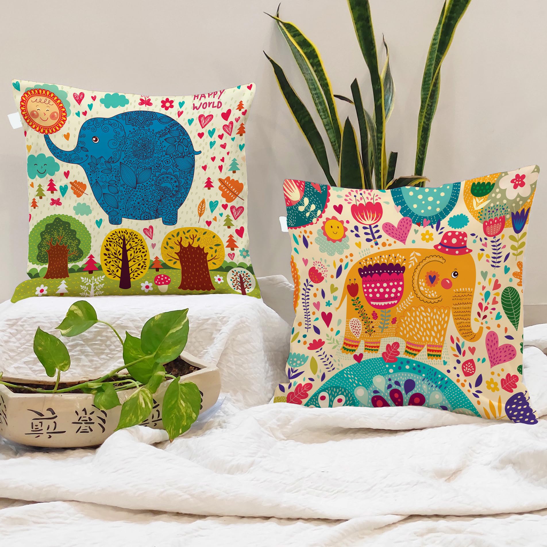 STITCHNEST Set of 2 Polycotton Cushion Covers – 16x16 Inches – Multicolor Elephant & Jungle Print – Playful Cushion Covers for Kids Room, Sofa & Living Room Decor-picture-10