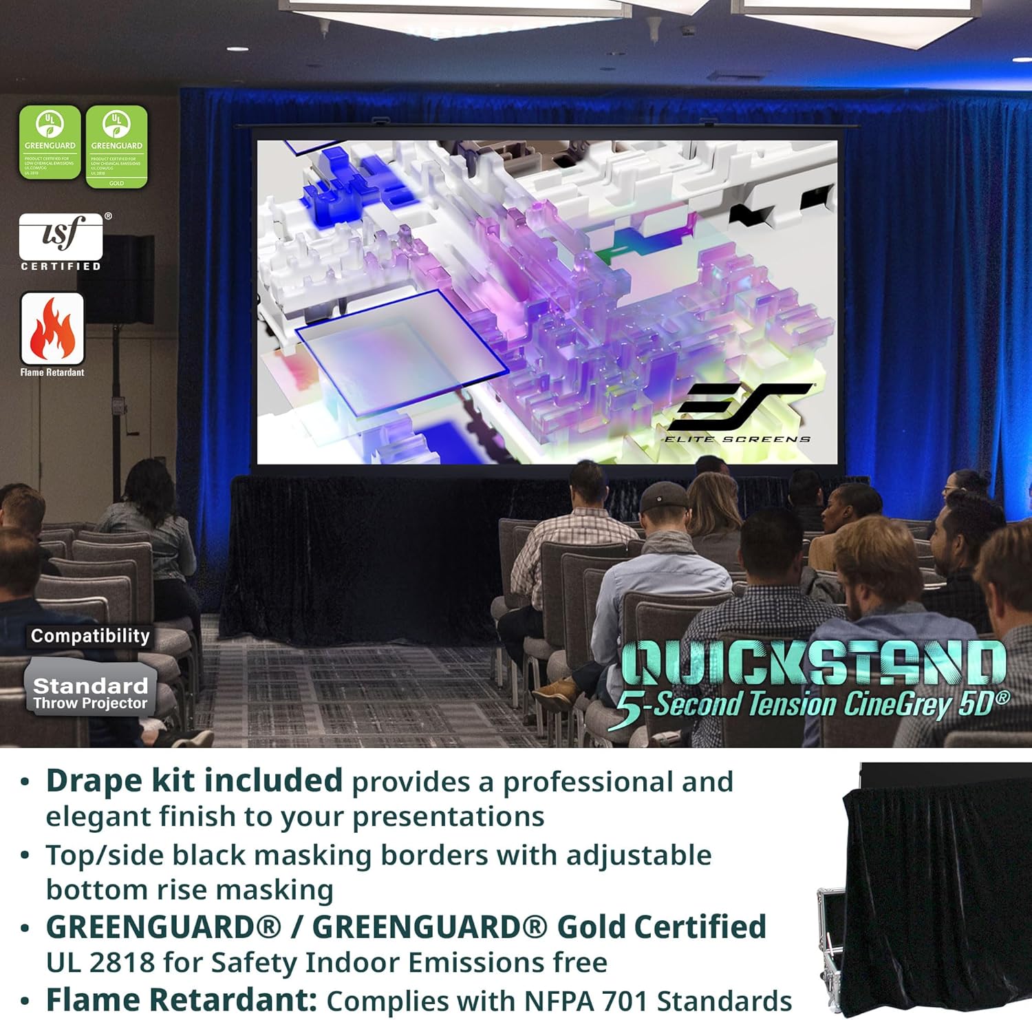 Elite Screens QuickStand 5-Second Tab-Tension C5D 145 Inch Manual Pull-Up Projector Screen, 16:9 ALR/CLR ISF Material, 4K 8K Home Theater – QS145HT-C5D