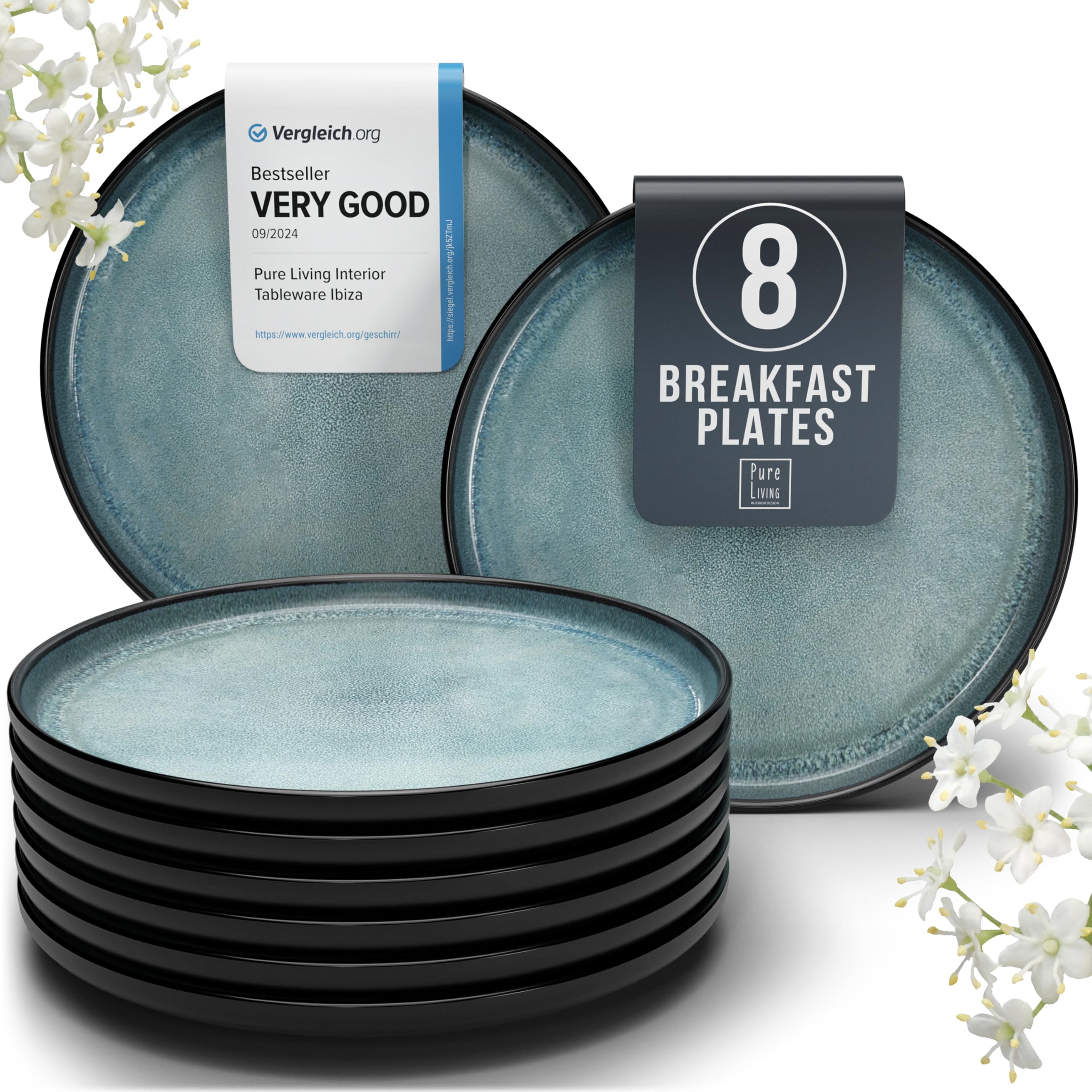 PURE LIVING INTERIOR DESIGN Small Dinner Plates Set of 8, 7.5" Stoneware Plates, Stylish Salad Plates, Dessert Plates Ceramic, Dishwasher and Microwave Safe Ibiza dark petrol Blue Ceramic Plates