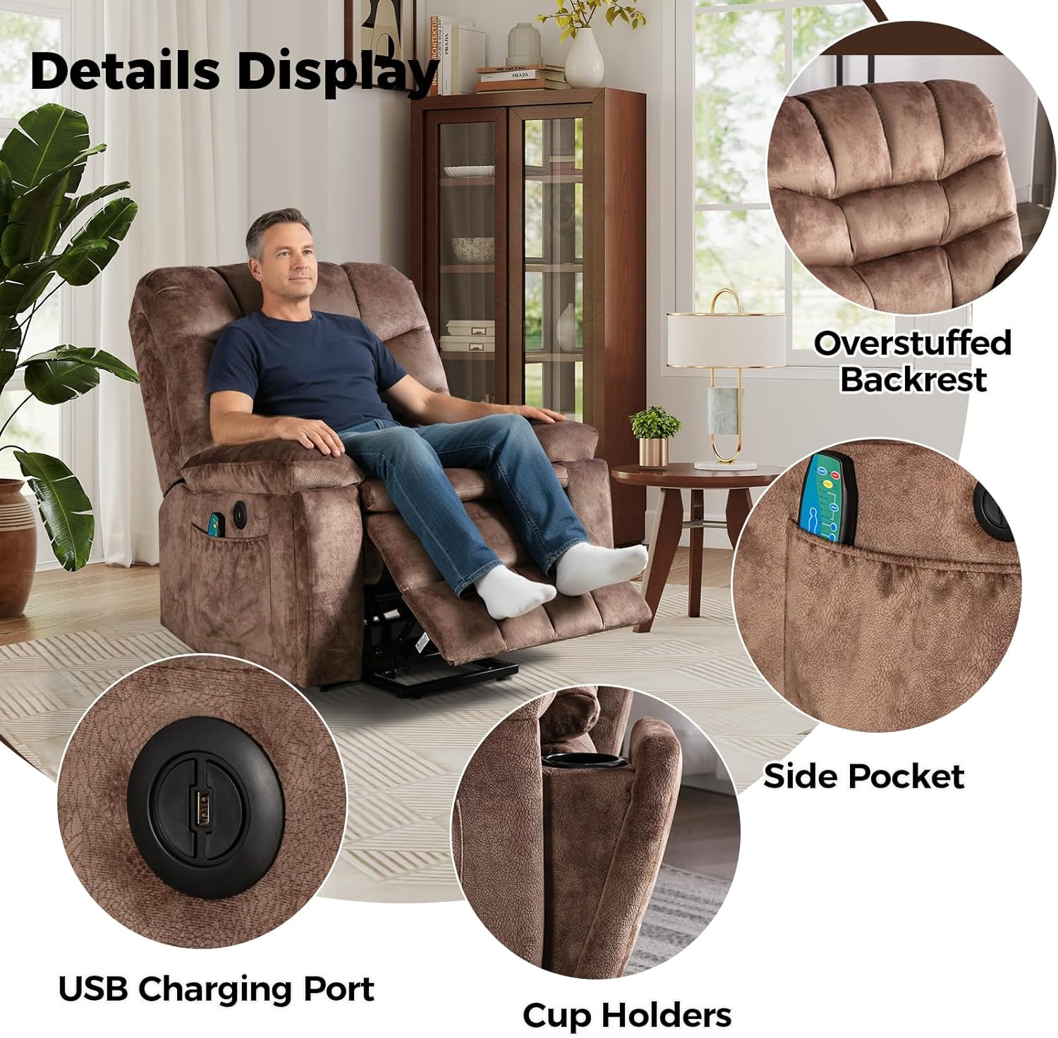 HAOMARKETS Large Power Lift Recliners with Massage and Heat for Elderly, Electric Lifting Recliner Chair with Cup Holders & USB Port, Oversized Reclining Sofa with Side Pocket for Living Room, Brown