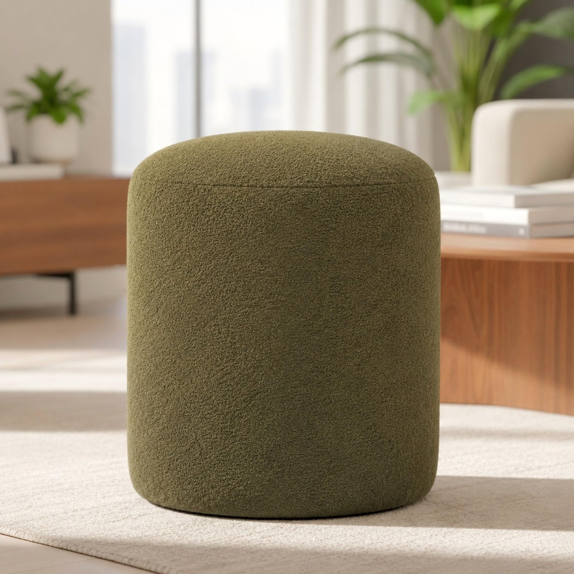 Premium Ottoman Pouffe & Footstool for Living Room & Bedroom | Olive Green Boucle High-end & Classy Fabric | 17 inch Comfortable Height Stool & Footrest | Luxury Multipurpose Furniture & Home Decor-image-7