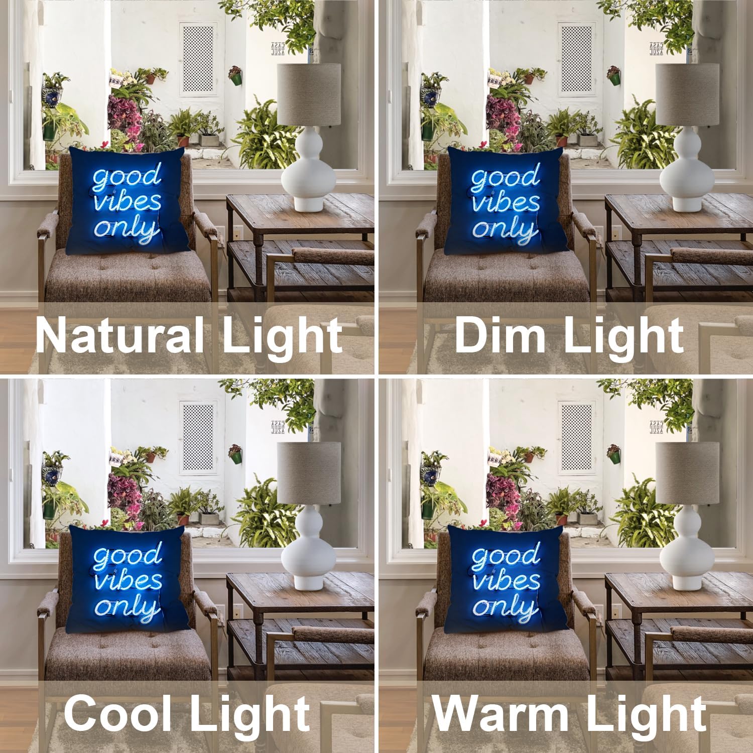 Blue Neon Signage Throw Pillow Covers, Good Vibes Only Words Blue Neon Couch Cover Digital Blended Hidden Zipperl Decorative Sofa Cover for Hair Skin Square 18X18 in 2 Pcs