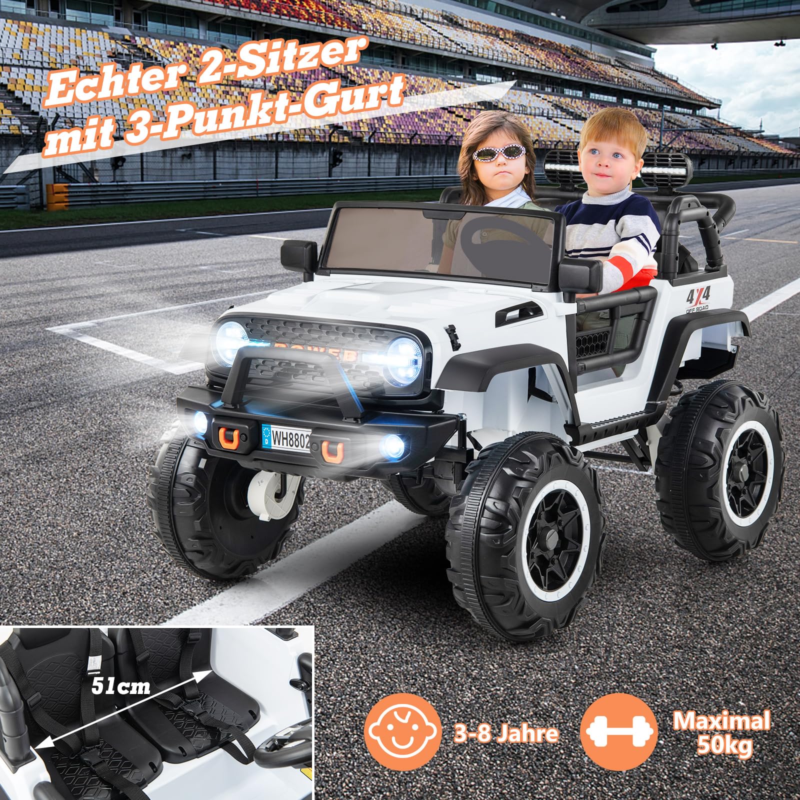 COSTWAY 2-Sitzer Elektroauto für Kinder, 24V Kinderfahrzeug mit Fernbedienung & Schaufel, Elektrofahrzeug mit Musik & Geschichten & USB & Hupe, Elektro Auto für Kinder ab 3 Jahren (Weiß)