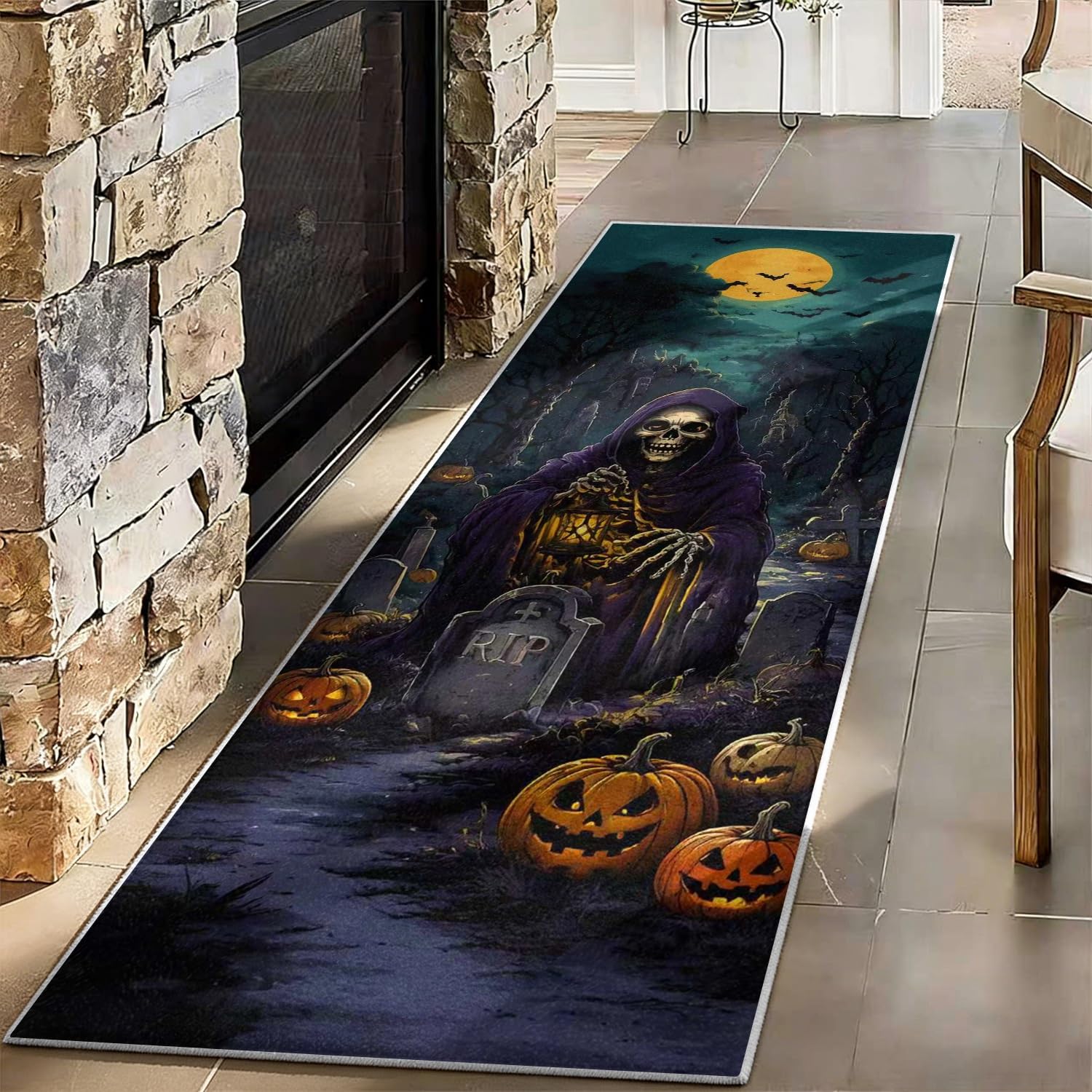 Washable Area Rug 120x300cm Halloween Skeleton Lantern Night Design Autumn