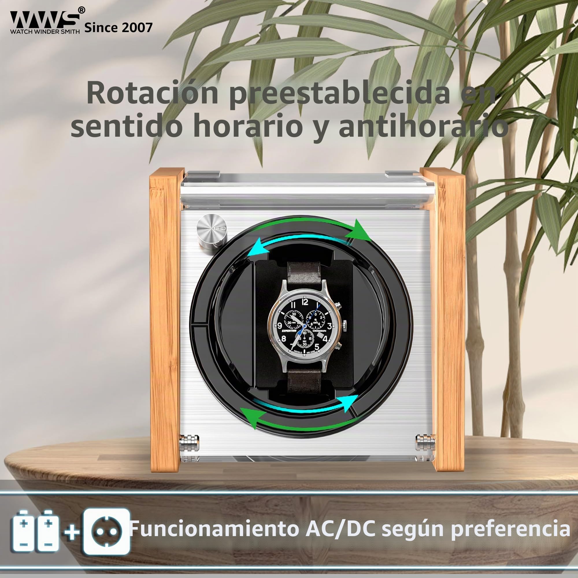 Watch Winder Smith - Reloj automático para Reloj, 100% artesanía, diseño de Patente de Madera de bambú, Motor japonés ultrailencioso con CA o a Pilas