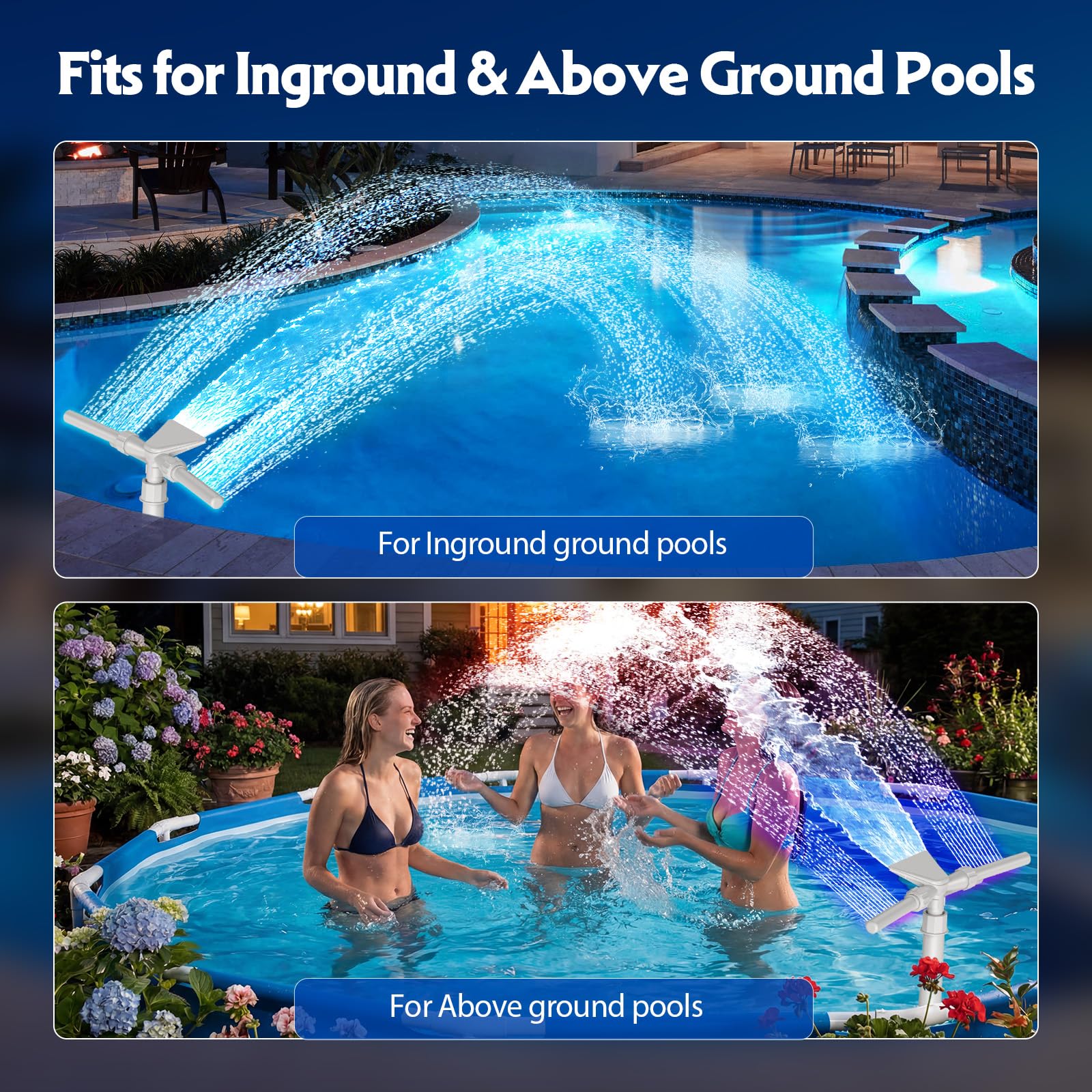 Cascata per Piscina Fuori Terra e Interrata con Luci LED Solari - Fontana a Doppia Testa 2 in 1 Regolabile, Raffredda l'Acqua 5-11°C, Telecomando, Accessorio per Piscine Intex