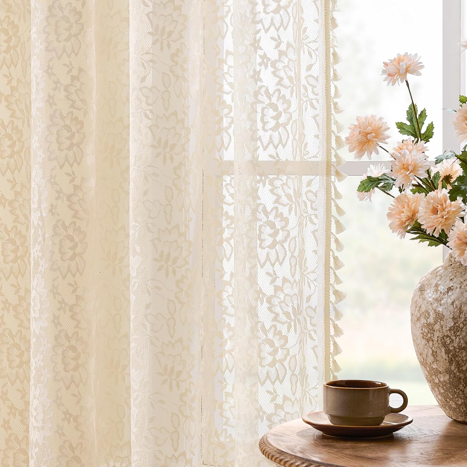 Boho Lace Curtains 63 Inch Length 2 Panels Set Vintage Tassel Floral Curtains Light Filtering Rod Pocket Neutral Chic Rustic Sheer Drapes Bohemian Window Treatments for Bedroom Decor, 52x63 Beige