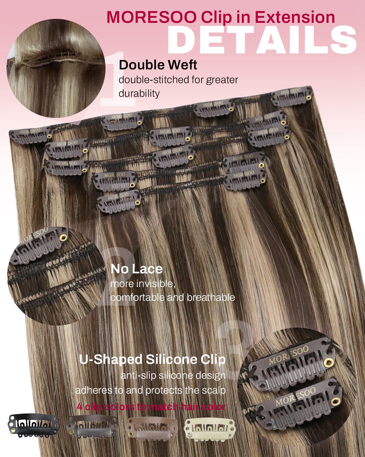 Moresoo Clip in Hair Extensions Real Human Hair Balayage Medium Brown and Blonde Real Hair Extensions Clip in Human Hair for Women Full Head 22 Inch 7pcs/120g #4/6/613 — view 148